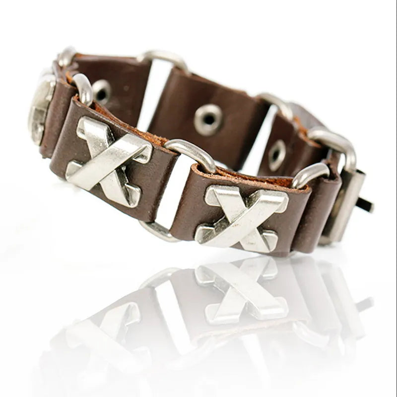 XQNI New Fashion Bangles Brand Skull Chain Leather Men's Bracelets European style Knighthood Link Charm Bracelets Jewelry.