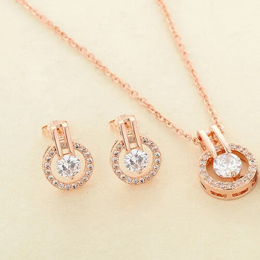 Women's Zircon Round Pendent Choker Chain Necklace Earrings set