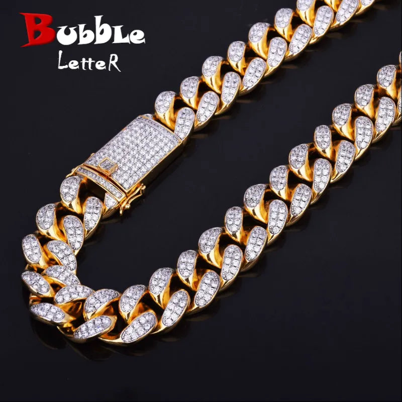 Bubble Letter Miami Cuban Link Chain for Men's Necklace Choker Bling Hip Hop Jewelry Real Gold Plated Charms