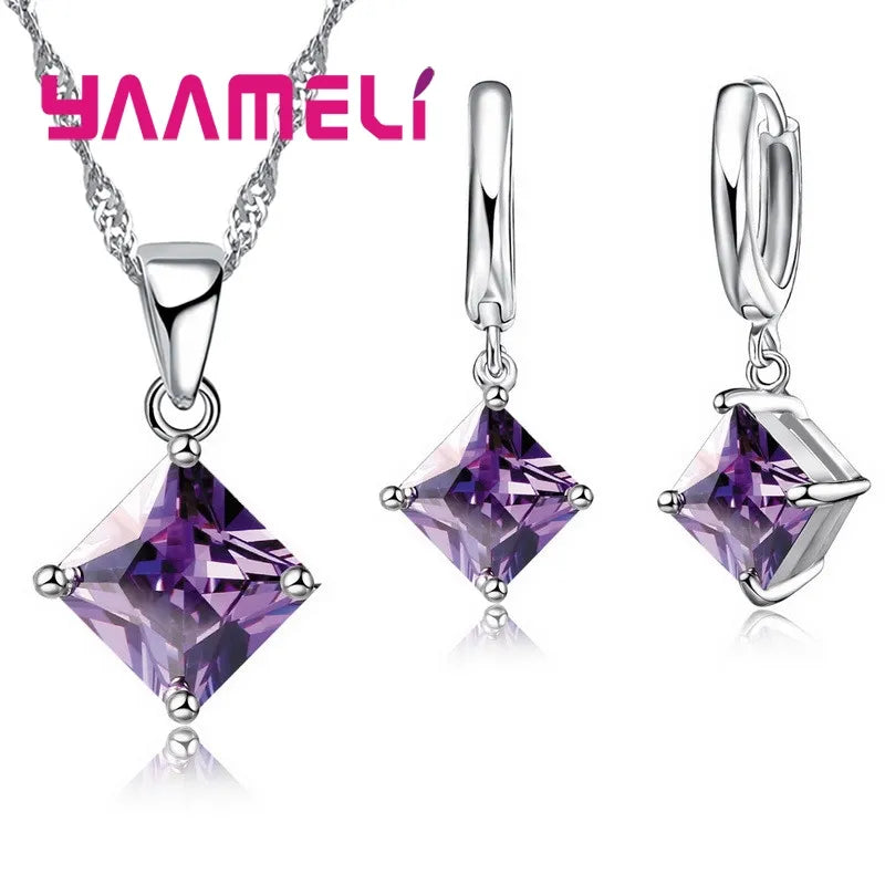 Pendants Necklace Simple Geometry Square Earrings Crystal 925 Sterling Silver Jewelry Sets