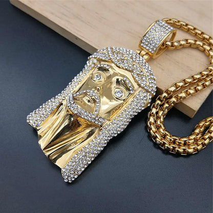 Men's Necklace Jesus Christ Head Pendant With Stainless Steel Chain and Iced Out Bling Rhinestone Necklace Hiphop Golden Jewelry