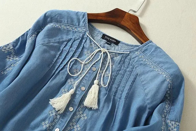 Ethnic Embroidery Denim Dresses Women Wrist Sleeve O-Neck Casual Shirt Dress Spring  Vestido Jeans Feminino