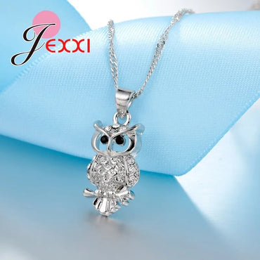 Ensemble de bijoux en argent Sterling 925, jolie forme de hibou, à la mode, avec collier, boucles d'oreilles et pendentif en zircone cubique AAA + pour femmes