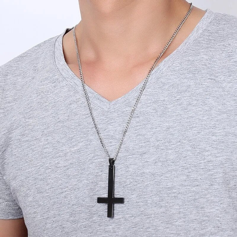 Hane svart St Peter's Inverted Cross hänge halsband för män rostfritt stål