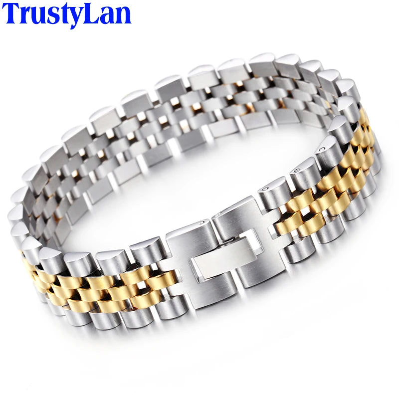 15MM Wide Chain Bracelet Men Watchband Style Adjustable Men's Bracelets Never Fade Gold Plated Jewelry Jewellery Mannen Armband