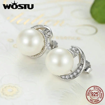 Brand 100% Authentic 925 Sterling Silver Pearl Stud Earrings With Clear CZ For Women Luxury Jewelry Gift