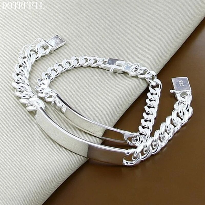 DOTEFFIL 925 Sterling Silver 2pcs Bracelet 10mm Smooth Sideways Chain For Men Women Wedding Engagement Party Jewelry