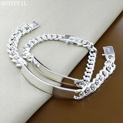 DOTEFFIL 925 Sterling Silver 2pcs Bracelet 10mm Smooth Sideways Chain For Men Women Wedding Engagement Party Jewelry