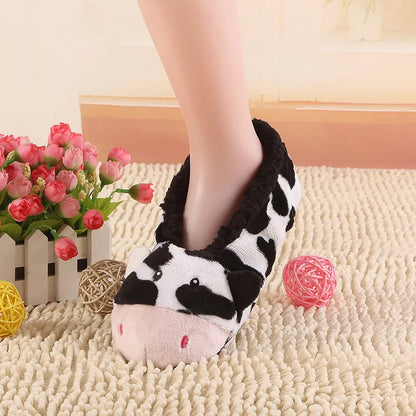 Warm Flats Soft Sole Women Indoor Floor Slippers/Shoes Animal Shape Gray Cows Pink Flannel Home Slippers Color