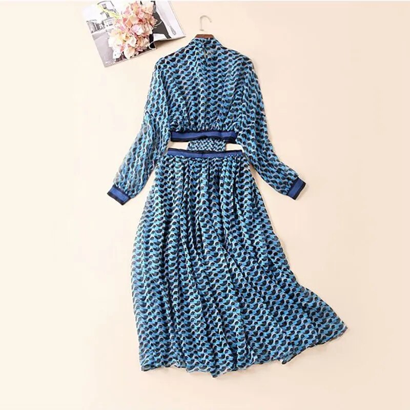 Summer Print Dress For Women Stand Collar Long Sleeve High Waist Hollow Out Midi Dresses Female Fashion