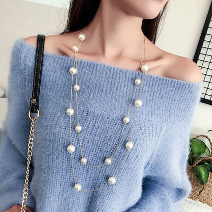 New Long Double Layer Simulated Pearl Necklace Women Sweater Chain Necklace Female Collares Statement Jewlery