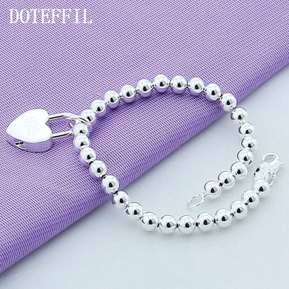 DOTEFFIL 925 Sterling Silver Heart Lock 6mm Beads Chain Bracelets