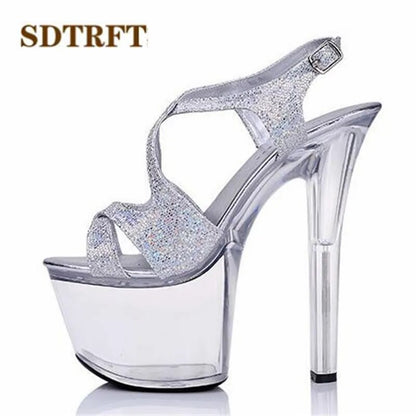 Plus:34-44 Sliver Open Toe platform sandals 15/20cm thick high-heeled female bridal Cross-tied shoes woman wedding pumps