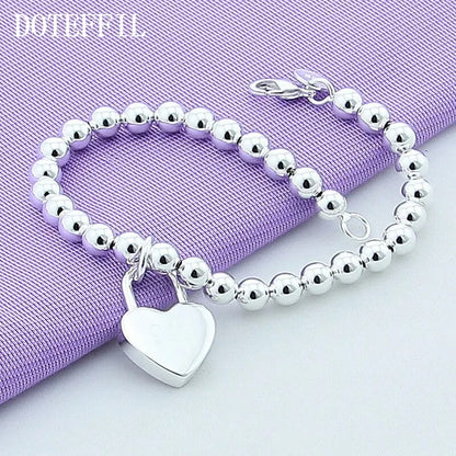 DOTEFFIL 925 Sterling Silver Heart Lock 6mm Beads Chain Bracelets