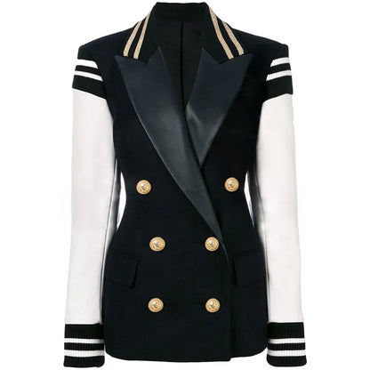 Stylish Blazer Varsity Jacket Women's Leather Sleeve Patchwork Lion Buttons Blazer