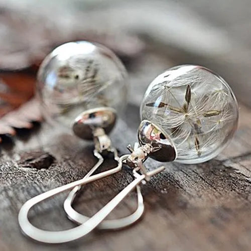 2pairs16MM Glass Globe Dandelion Seed Earrings Eco Nature Real Dried Flowers