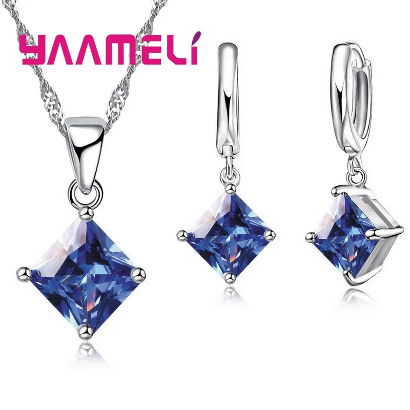 Pendants Necklace Simple Geometry Square Earrings Crystal 925 Sterling Silver Jewelry Sets