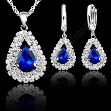 Jewelry Sets Blue 925 Sterling Silver Crystal Pendant Necklace 18" Chain Hoop Earring Lever Back Women Gift Accessories