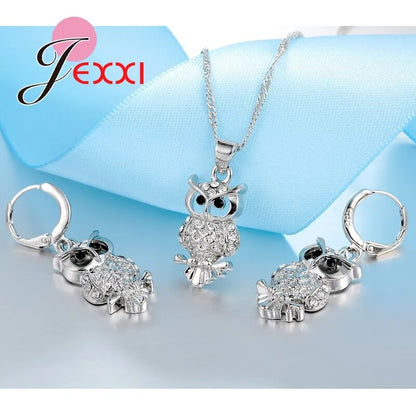 Owl Pretty Shape 925 Sterling Silver Fashion Jewelry Set With AAA+ Cubic Zirconia Women Necklace & Earrings & Pendant