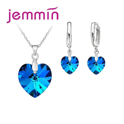 One Set  Austrian Crystal 925 Sterling Silver Jewelry Heart Pendant Necklaces Lever Back Earrings Woman Accessories