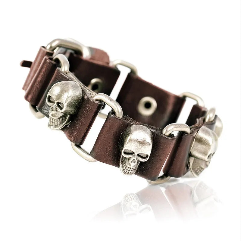 XQNI New Fashion Bangles Brand Skull Chain Leather Men's Bracelets European style Knighthood Link Charm Bracelets Jewelry.