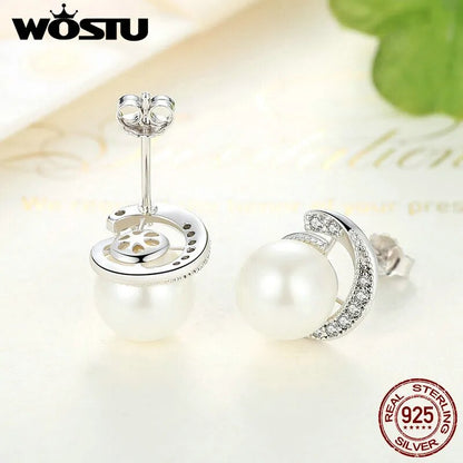 Brand 100% Authentic 925 Sterling Silver Pearl Stud Earrings With Clear CZ For Women Luxury Jewelry Gift