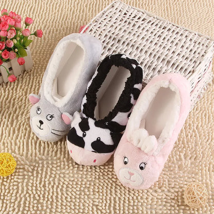 Warm Flats Soft Sole Women Indoor Floor Slippers/Shoes Animal Shape Gray Cows Pink Flannel Home Slippers Color