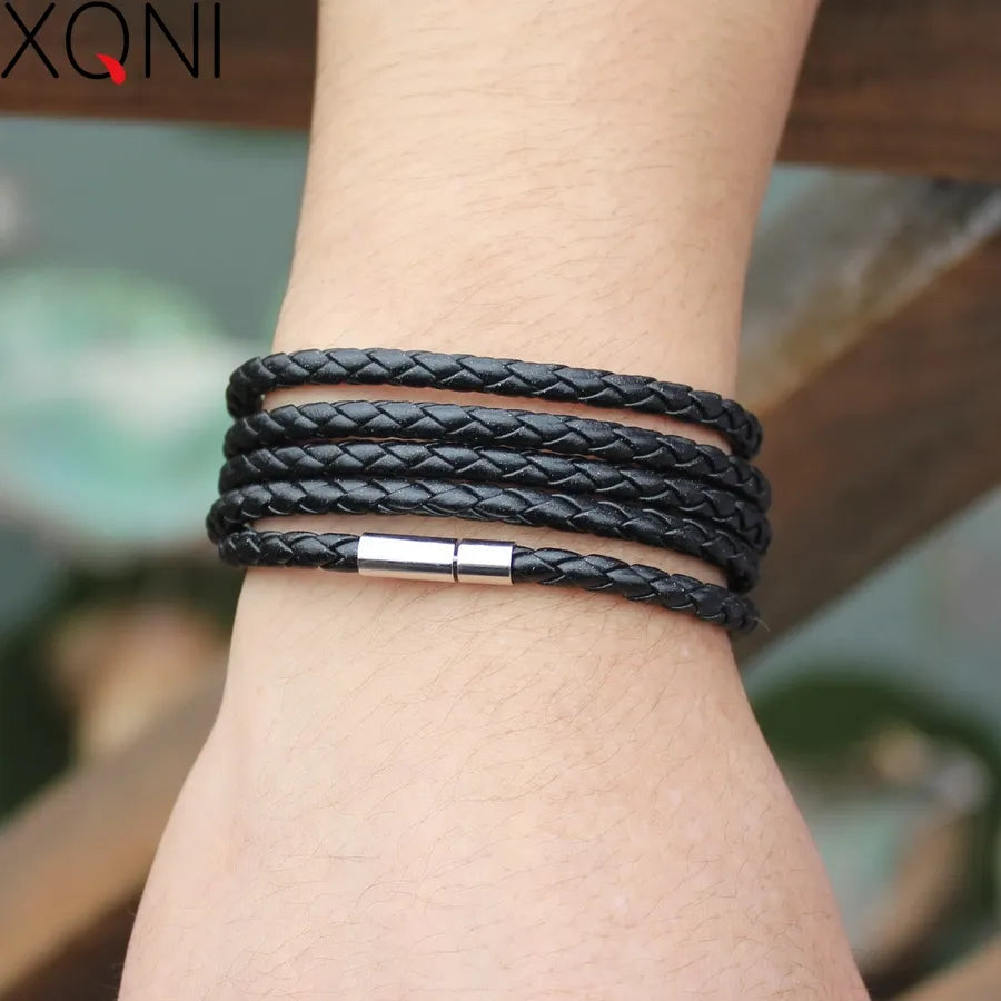 brand black retro Wrap Long leather bracelet men bangles fashion sproty Chain link male charm bracelet with 5 laps