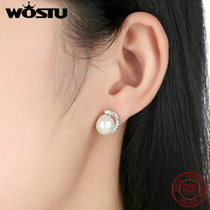 Brand 100% Authentic 925 Sterling Silver Pearl Stud Earrings With Clear CZ For Women Luxury Jewelry Gift