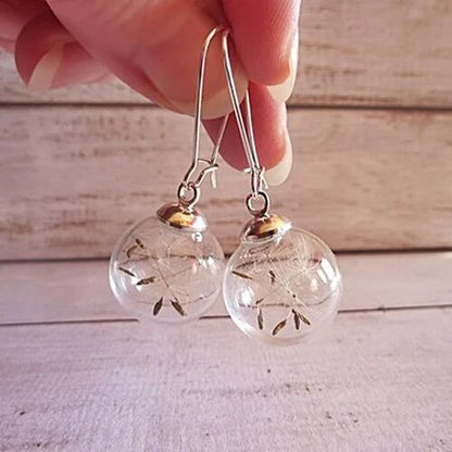 2pairs16MM Glass Globe Dandelion Seed Earrings Eco Nature Real Dried Flowers