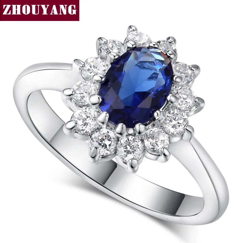 Princess Kate Blue Gem Created Blue Crystal Silver Color Wedding Finger Crystal Ring Brand Jewelry for Women