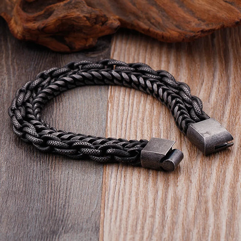 Double Chain Link Stainless Steel Men's Bracelets For Men Vintage Male Bangles Jewelry With Magnet Clasp 10 Inches Engraveable