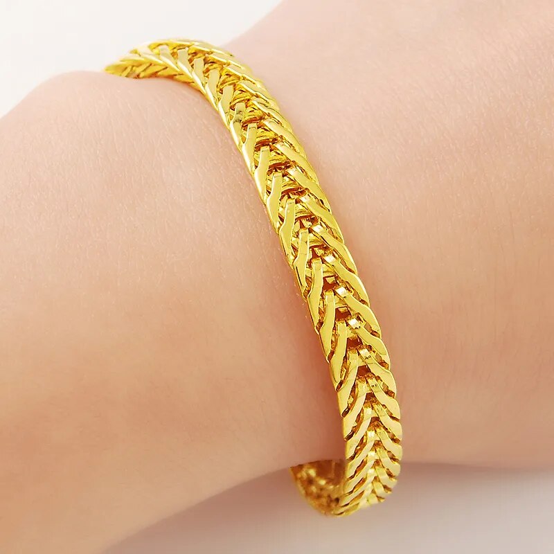 Pure Gold Color 6.5MM Width Bracelet For Men 20CM.Fashion Original 24k GP Women men's Jewelry Gift