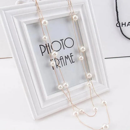 New Long Double Layer Simulated Pearl Necklace Women Sweater Chain Necklace Female Collares Statement Jewlery