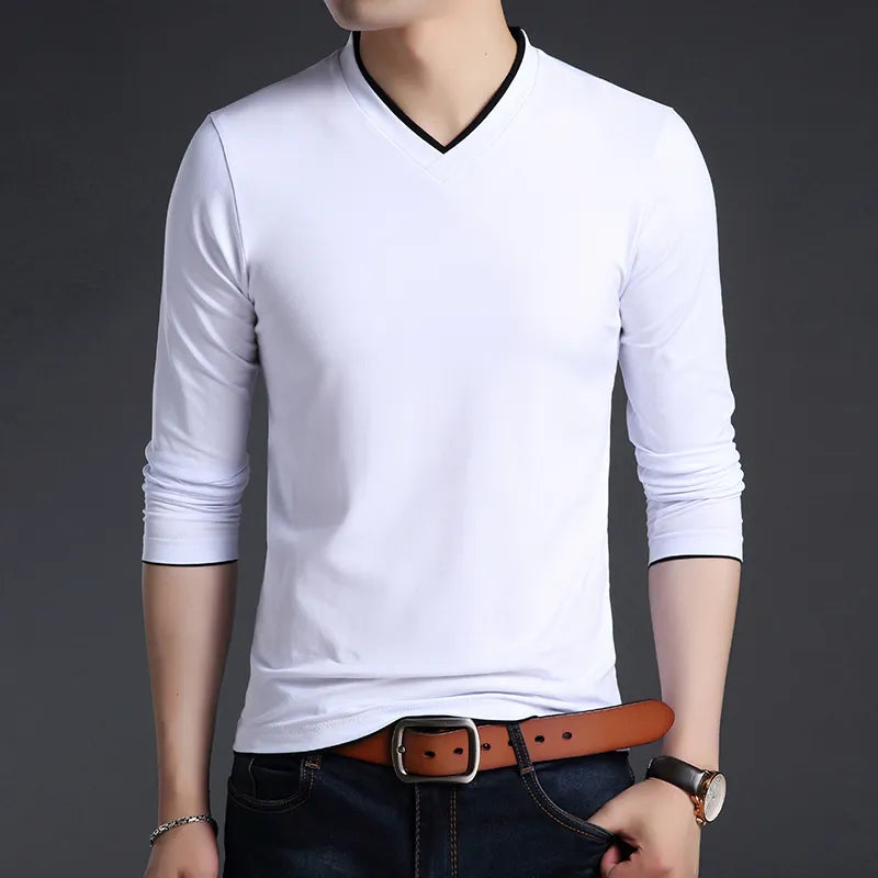 T Shirts Men V Neck Street Wear Tops Trending Mercerized Cotton Korean Long Sleeve Tee Men Clothing