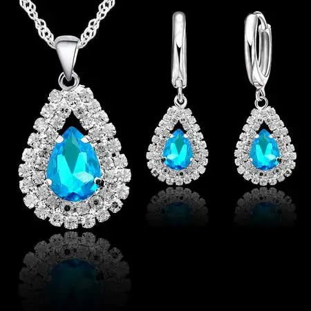 Jewelry Sets Blue 925 Sterling Silver Crystal Pendant Necklace 18" Chain Hoop Earring Lever Back Women Gift Accessories