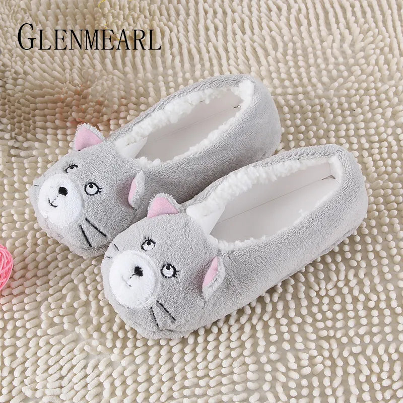 Warm Flats Soft Sole Women Indoor Floor Slippers/Shoes Animal Shape Gray Cows Pink Flannel Home Slippers Color