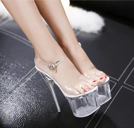 Steel Tube Dancing Fluorescence Shine Shoes Women Summer New High Heel Peep Toe Nightclub Sandals 17.5cm Waterproof 7.5cm