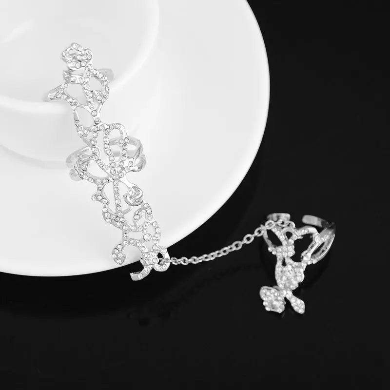 New Fashion Chain Link Ring Full Rhinestone Vintage Flower Double Finger  For Women Girl Party Jewelry Gift Accessories