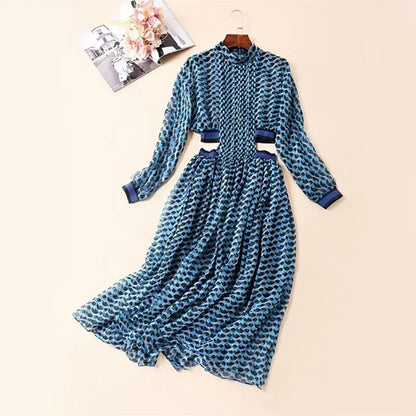 Summer Print Dress For Women Stand Collar Long Sleeve High Waist Hollow Out Midi Dresses Female Fashion