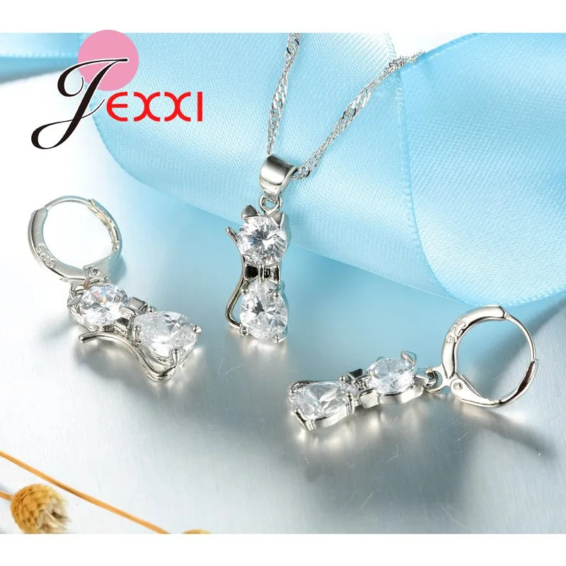 925 Sterling Silver Shiny Cubic Zirconia Cat Kitty Necklace Hoop Earrings