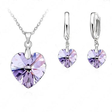 One Set  Austrian Crystal 925 Sterling Silver Jewelry Heart Pendant Necklaces Lever Back Earrings Woman Accessories