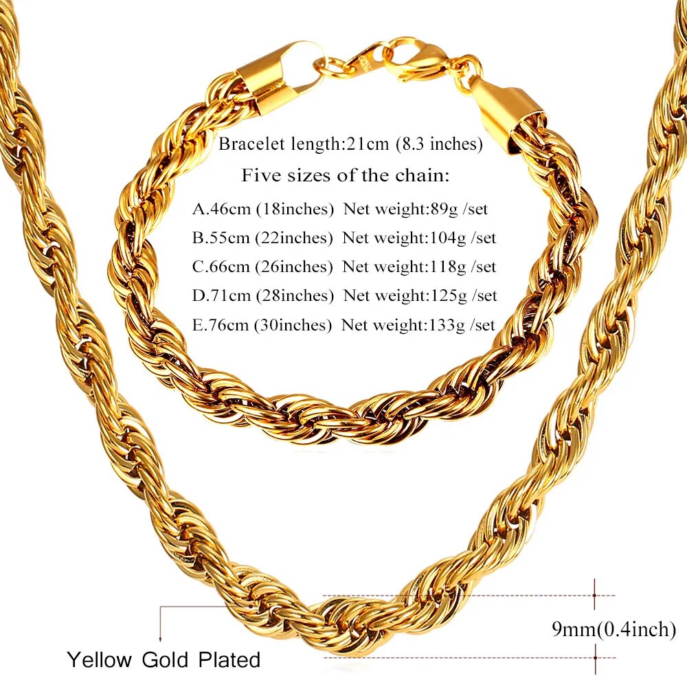 U7 Stainless Steel 9MM Twisted Rope Chain Necklace And Bracelet