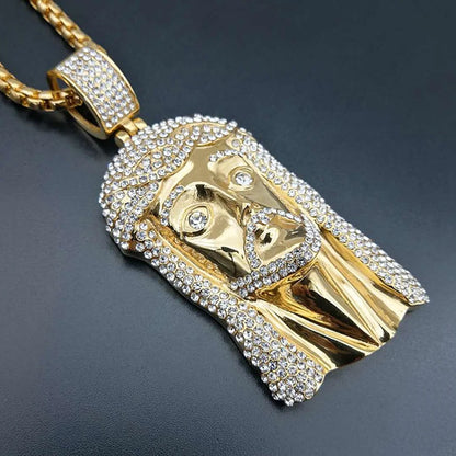 Men's Necklace Jesus Christ Head Pendant With Stainless Steel Chain and Iced Out Bling Rhinestone Necklace Hiphop Golden Jewelry