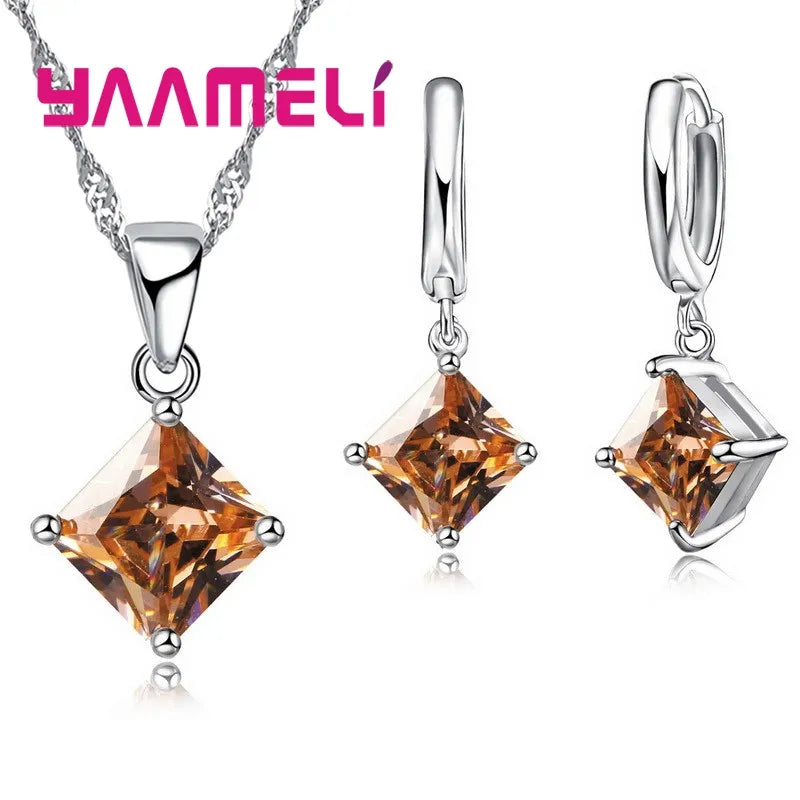 Pendants Necklace Simple Geometry Square Earrings Crystal 925 Sterling Silver Jewelry Sets