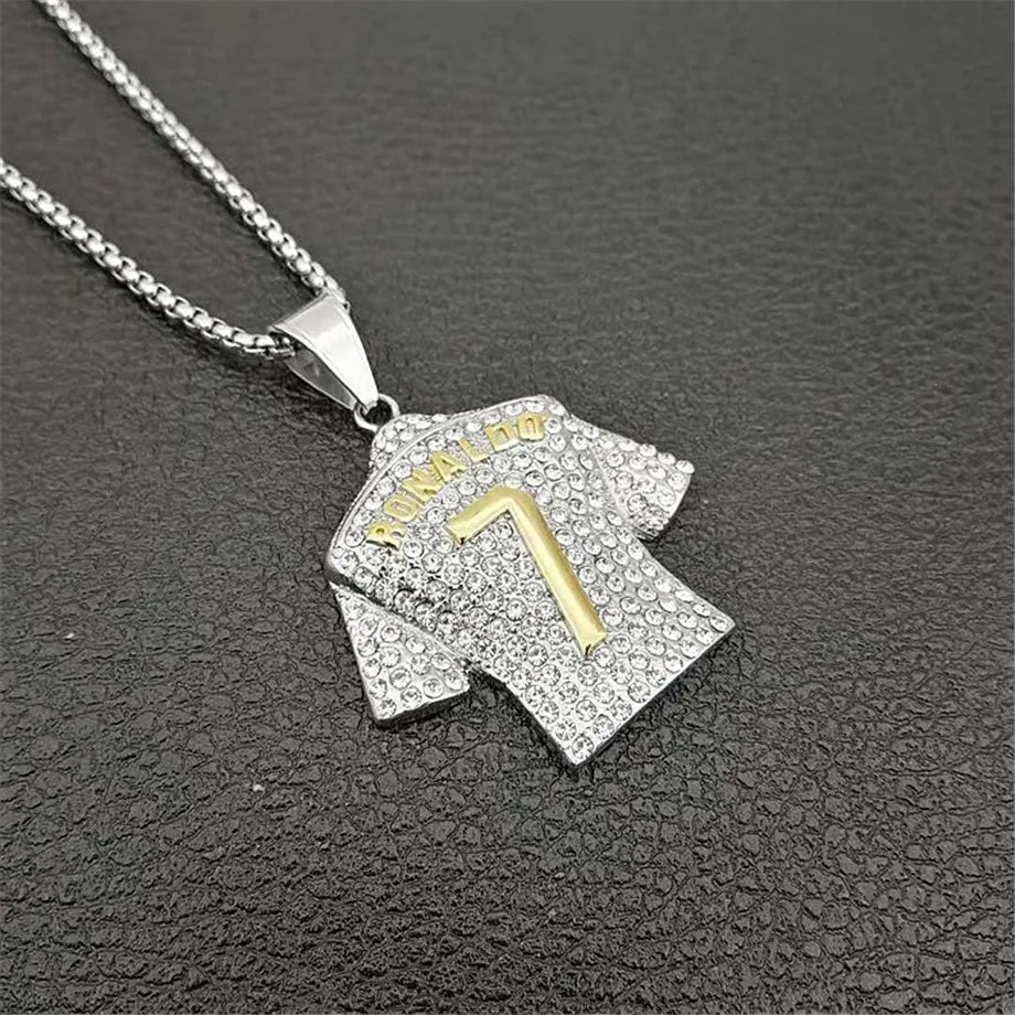 Men's Necklace Football 7 Pendant With 316L Stainless Steel Chain and Iced Out Bling Rhinestones Necklace Hip Hop Sports Jewelry