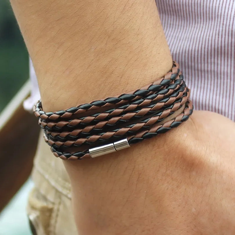 brand black retro Wrap Long leather bracelet men bangles fashion sproty Chain link male charm bracelet with 5 laps