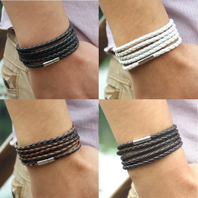 Fashion 5 Layer Leather Bracelets & Charm Bangle Handmade Round Rope Turn Buckle Bracelet For Women Men