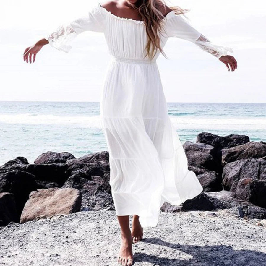 long  boho dress white sexy off the shoulder beach sundress Flare long sleeve splice lace women dresses summer vestidos