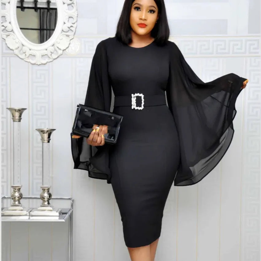 Black Elegant Party Dress Women  Black Office Fashion Chiffon Flare Long Sleeve Sexy Bodycon Belt Ladies Autumn Midi Dresses